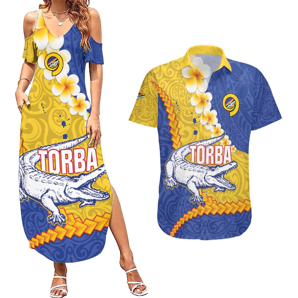 Torba Province Couples Matching Summer Maxi Dress and Hawaiian Shirt Vanuatu Pattern Crocodile - Plumeria Flag Color LT14 Yellow - Polynesian Pride