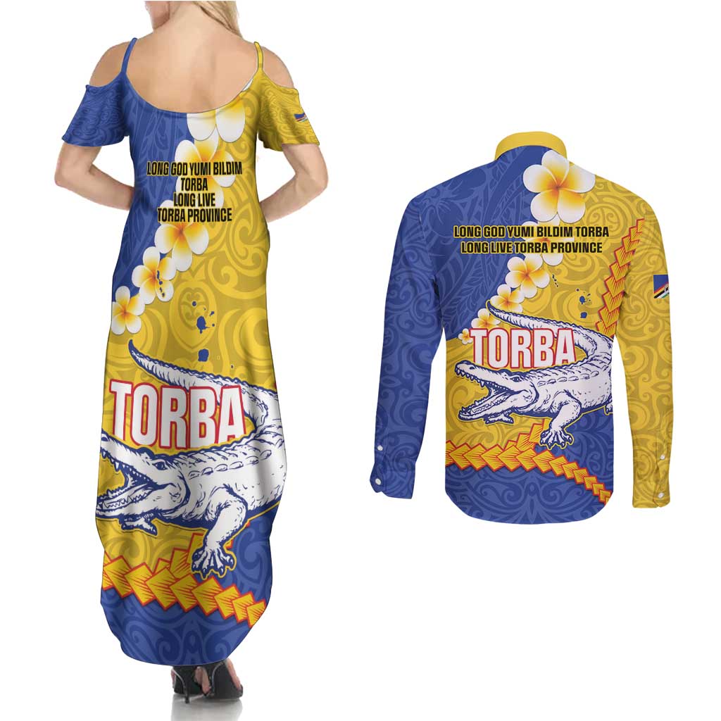 Torba Province Couples Matching Summer Maxi Dress and Long Sleeve Button Shirt Vanuatu Pattern Crocodile - Plumeria Flag Color