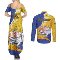 Torba Province Couples Matching Summer Maxi Dress and Long Sleeve Button Shirt Vanuatu Pattern Crocodile - Plumeria Flag Color