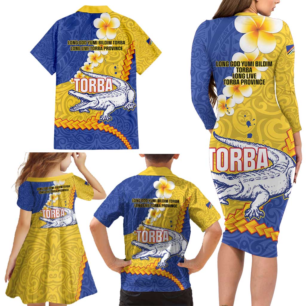 Torba Province Family Matching Long Sleeve Bodycon Dress and Hawaiian Shirt Vanuatu Pattern Crocodile - Plumeria Flag Color LT14 - Polynesian Pride