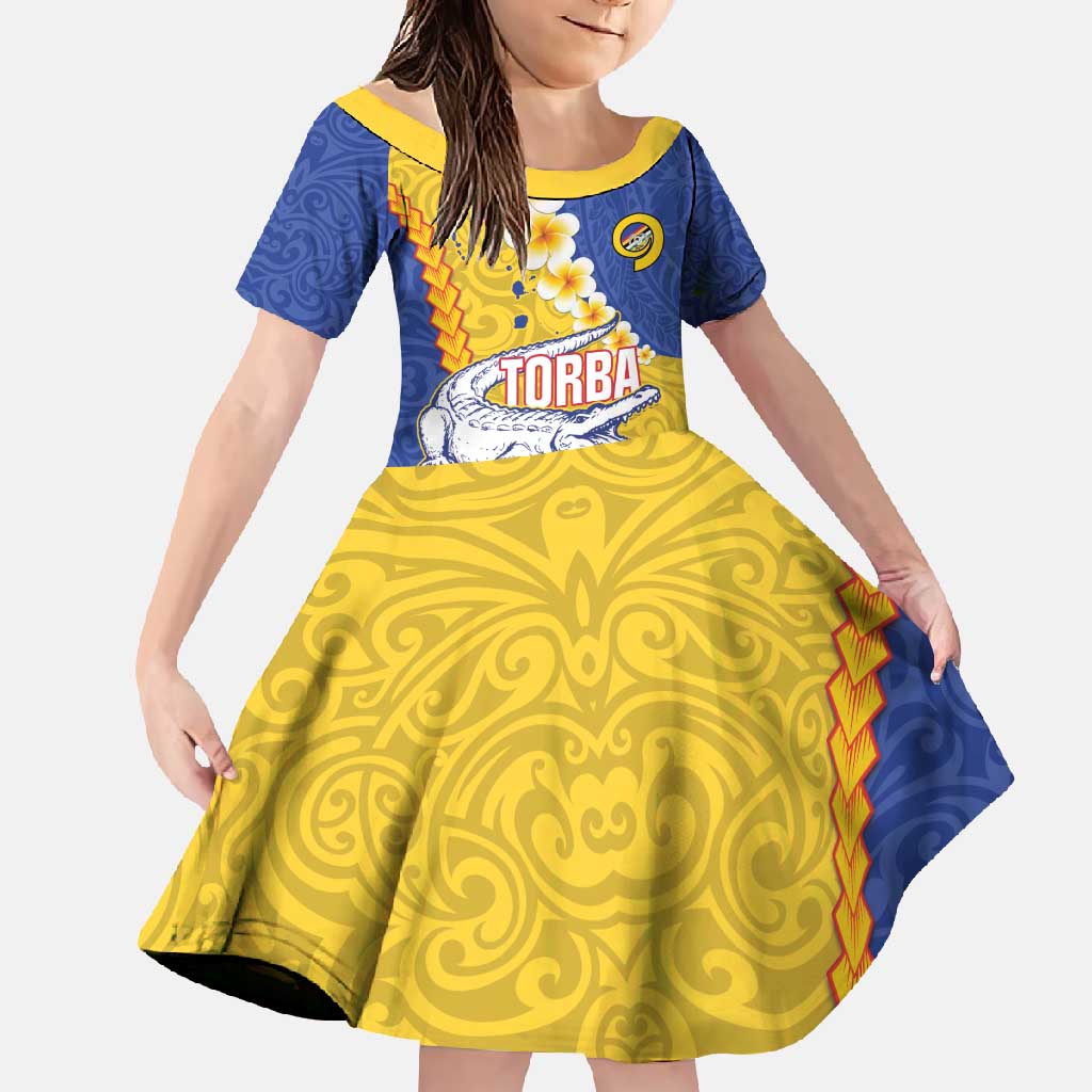 Torba Province Family Matching Off Shoulder Maxi Dress and Hawaiian Shirt Vanuatu Pattern Crocodile - Plumeria Flag Color LT14 Daughter's Dress Yellow - Polynesian Pride