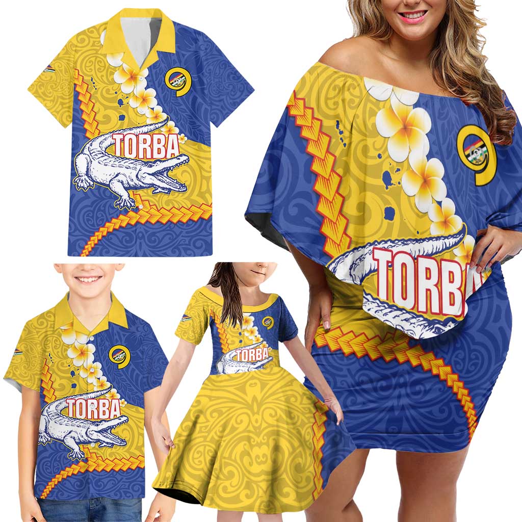 Torba Province Family Matching Off Shoulder Short Dress and Hawaiian Shirt Vanuatu Pattern Crocodile - Plumeria Flag Color LT14 - Polynesian Pride