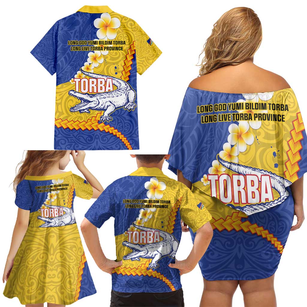 Torba Province Family Matching Off Shoulder Short Dress and Hawaiian Shirt Vanuatu Pattern Crocodile - Plumeria Flag Color LT14 - Polynesian Pride