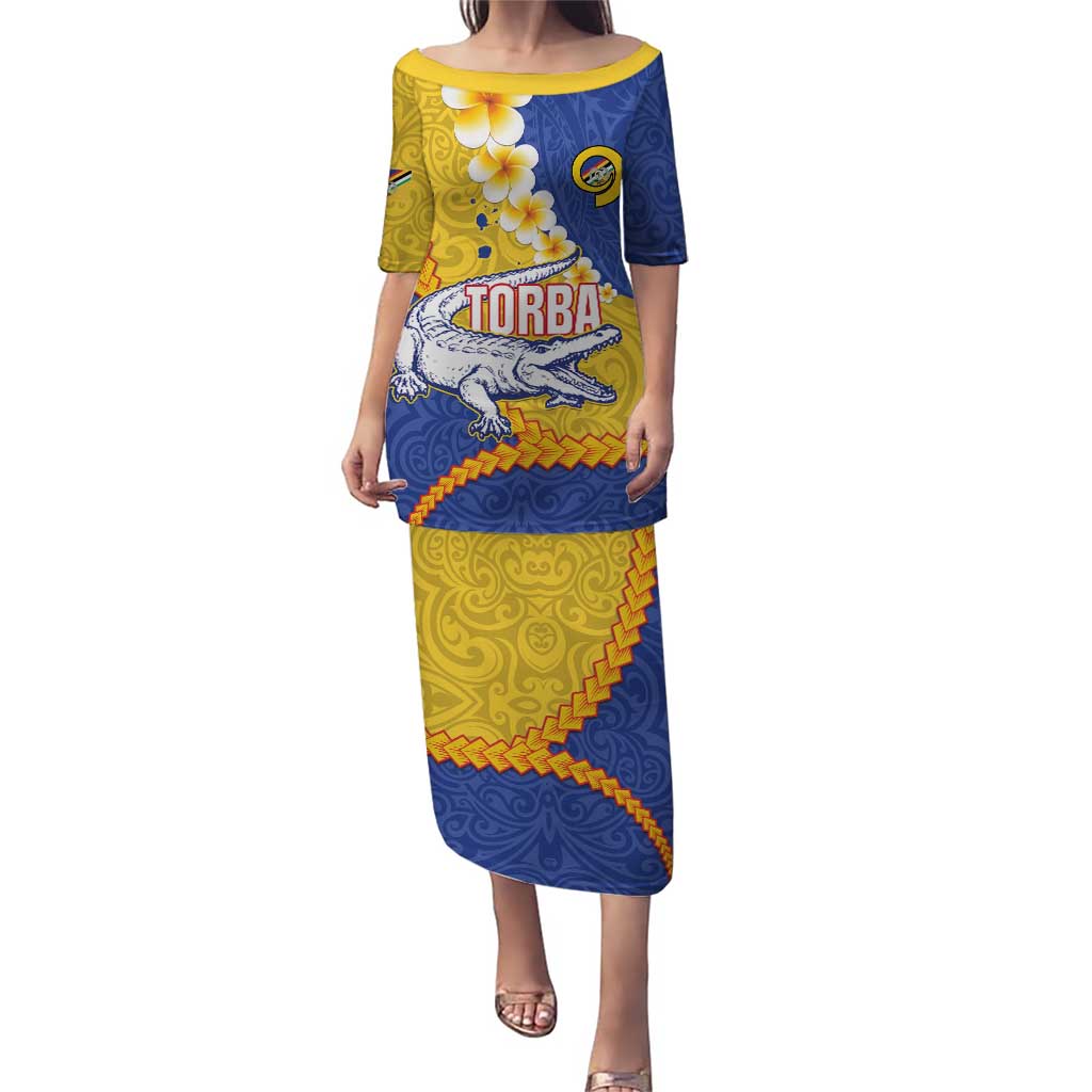 Torba Province Puletasi Vanuatu Pattern Crocodile - Plumeria Flag Color LT14 Long Dress Yellow - Polynesian Pride
