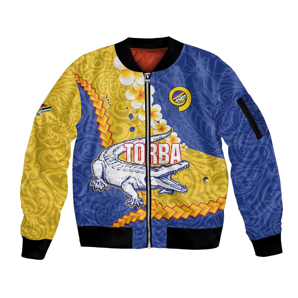 Torba Province Sleeve Zip Bomber Jacket Vanuatu Pattern Crocodile - Plumeria Flag Color LT14 Unisex Yellow - Polynesian Pride