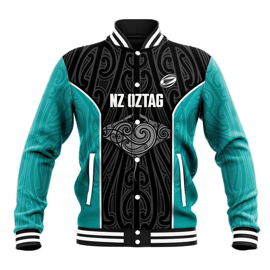 Custom New Zealand Stingray Oztag Baseball Jacket Tag Rugby Maori Pattern Black Version LT14 Unisex Black - Polynesian Pride