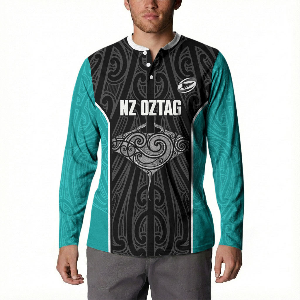 Custom New Zealand Stingray Oztag Button Sweatshirt Tag Rugby Maori Pattern Black Version LT14 - Polynesian Pride