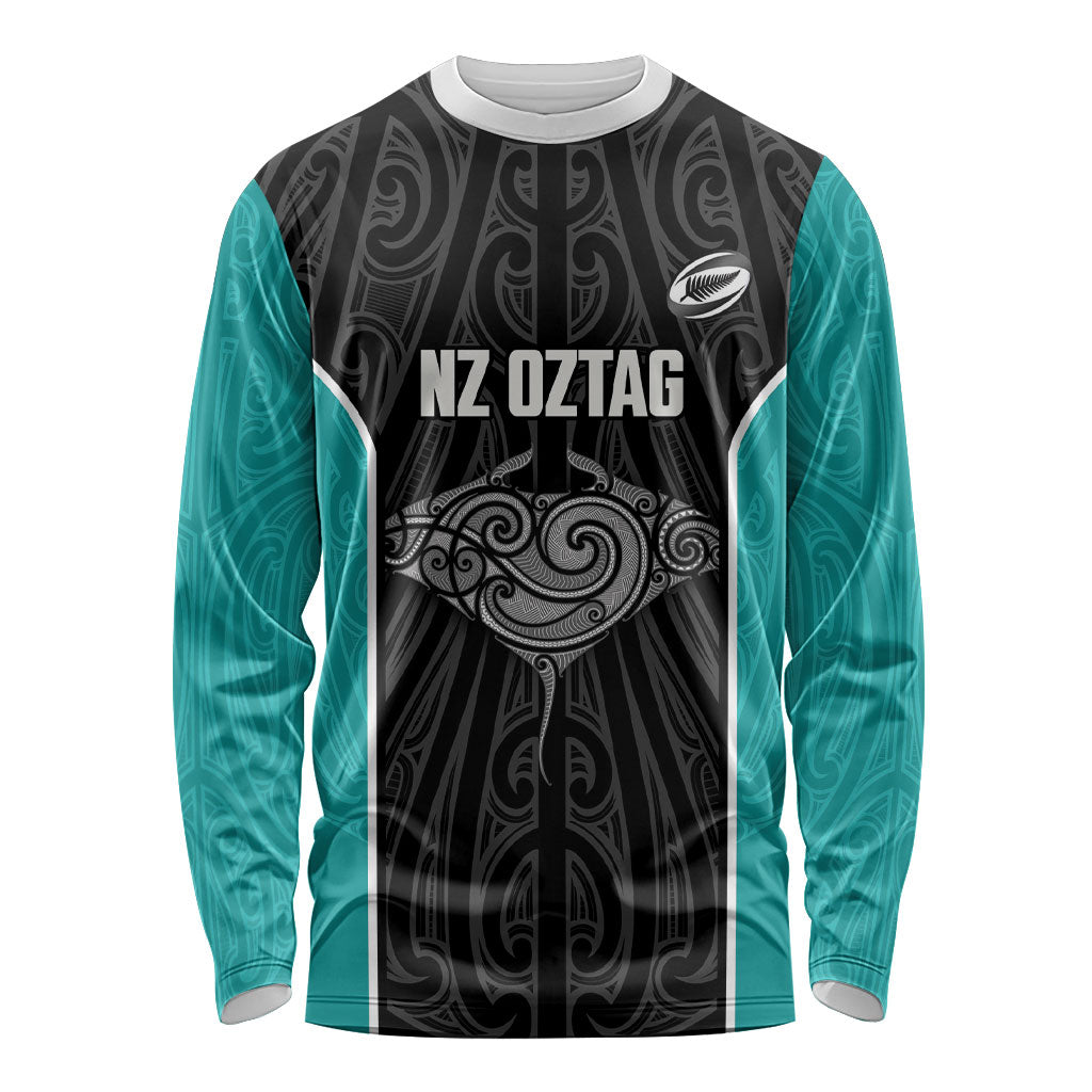 Custom New Zealand Stingray Oztag Long Sleeve Shirt Tag Rugby Maori Pattern Black Version LT14 Unisex Black - Polynesian Pride
