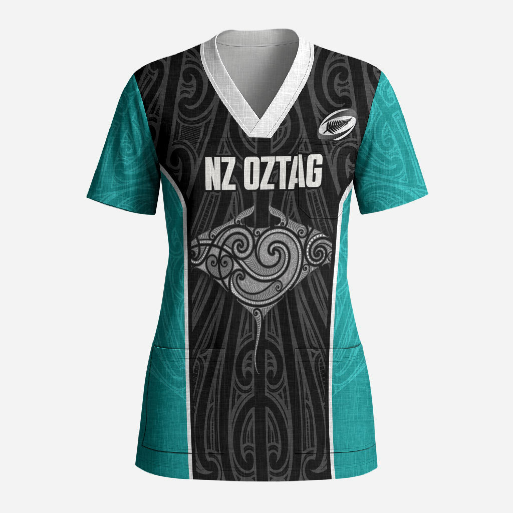 Custom New Zealand Stingray Oztag Scrub Top Tag Rugby Maori Pattern Black Version LT14 Adult Black - Polynesian Pride