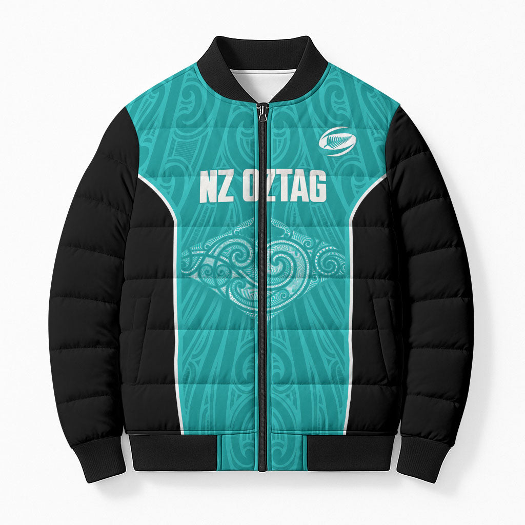 Custom New Zealand Stingray Oztag Bomber Puffer Jacket Tag Rugby Maori Pattern Teal Version LT14 Unisex Teal - Polynesian Pride