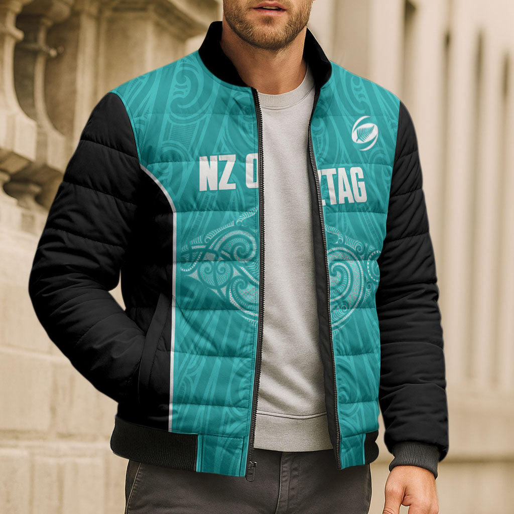 Custom New Zealand Stingray Oztag Bomber Puffer Jacket Tag Rugby Maori Pattern Teal Version LT14 - Polynesian Pride