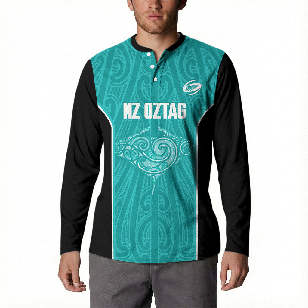 Custom New Zealand Stingray Oztag Button Sweatshirt Tag Rugby Maori Pattern Teal Version LT14 - Polynesian Pride