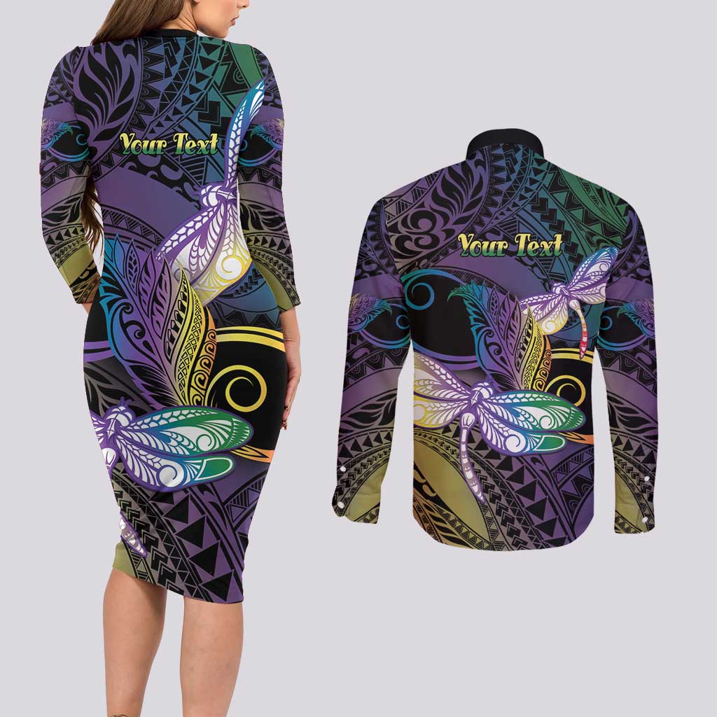 Personalized Polynesian Memorial Couples Matching Long Sleeve Bodycon Dress and Long Sleeve Button Shirt Dragonflies Appear When Angels Are Near LT14 - Polynesian Pride