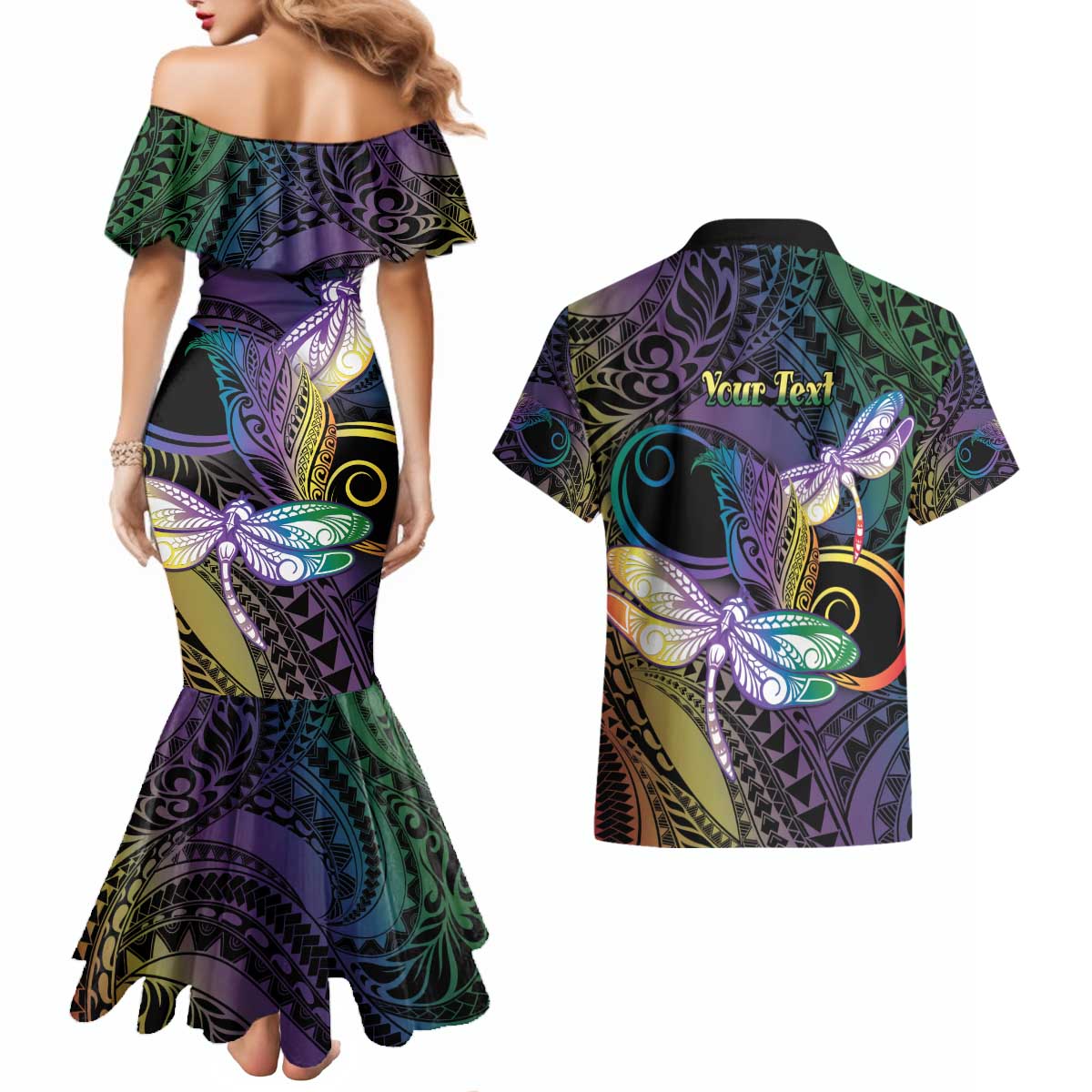 Personalized Polynesian Memorial Couples Matching Mermaid Dress and Hawaiian Shirt Dragonflies Appear When Angels Are Near LT14 - Polynesian Pride