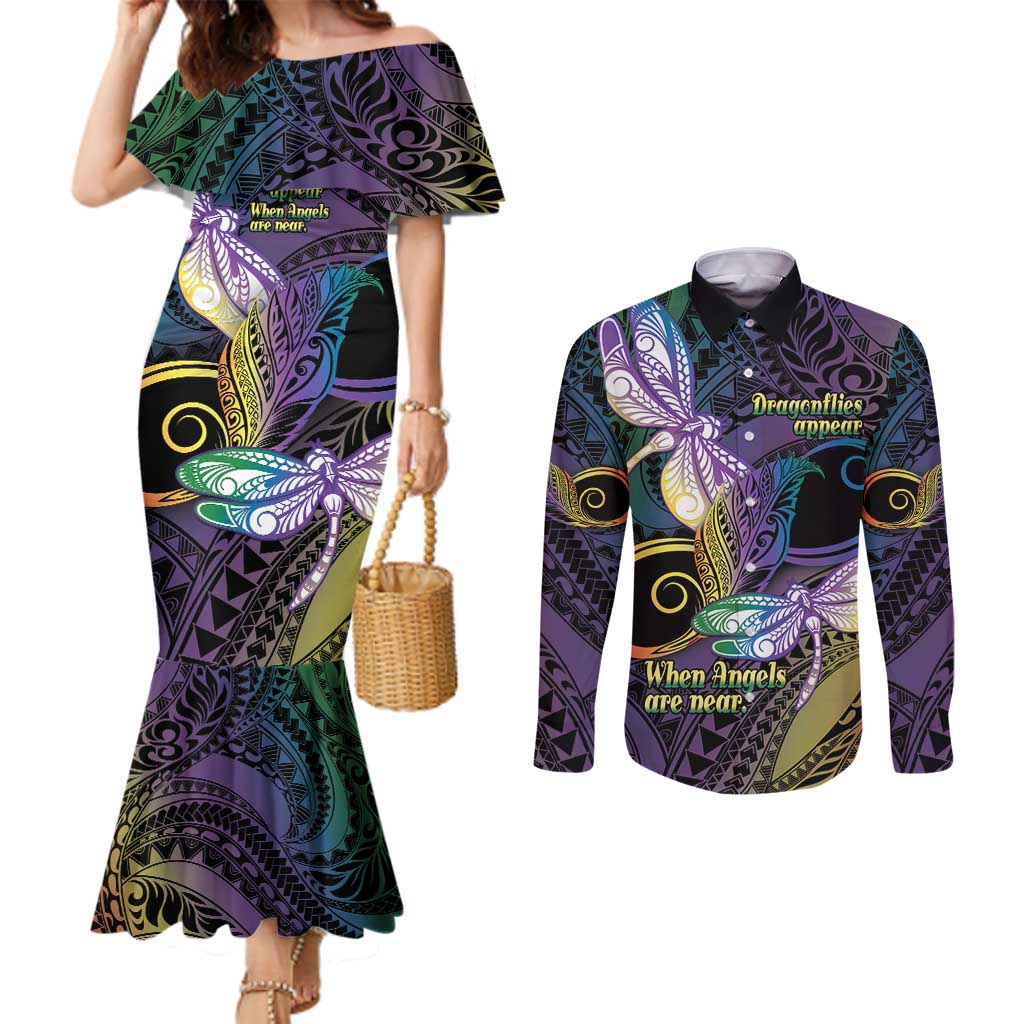 Personalized Polynesian Memorial Couples Matching Mermaid Dress and Long Sleeve Button Shirt Dragonflies Appear When Angels Are Near LT14 Colorful - Polynesian Pride