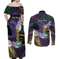 Personalized Polynesian Memorial Couples Matching Off Shoulder Maxi Dress and Long Sleeve Button Shirt Dragonflies Appear When Angels Are Near LT14 - Polynesian Pride