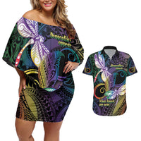 Personalized Polynesian Memorial Couples Matching Off Shoulder Short Dress and Hawaiian Shirt Dragonflies Appear When Angels Are Near LT14 Colorful - Polynesian Pride