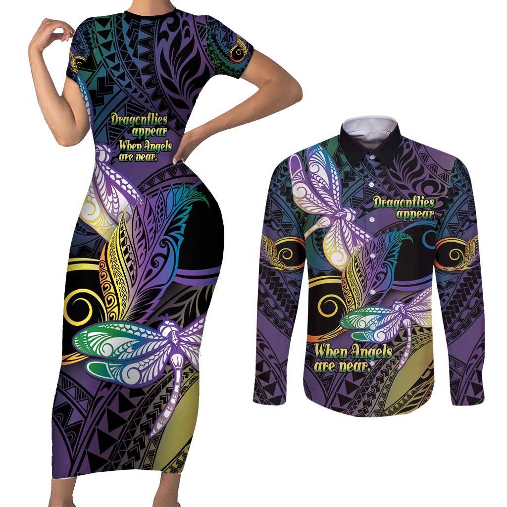 Personalized Polynesian Memorial Couples Matching Short Sleeve Bodycon Dress and Long Sleeve Button Shirt Dragonflies Appear When Angels Are Near LT14 Colorful - Polynesian Pride