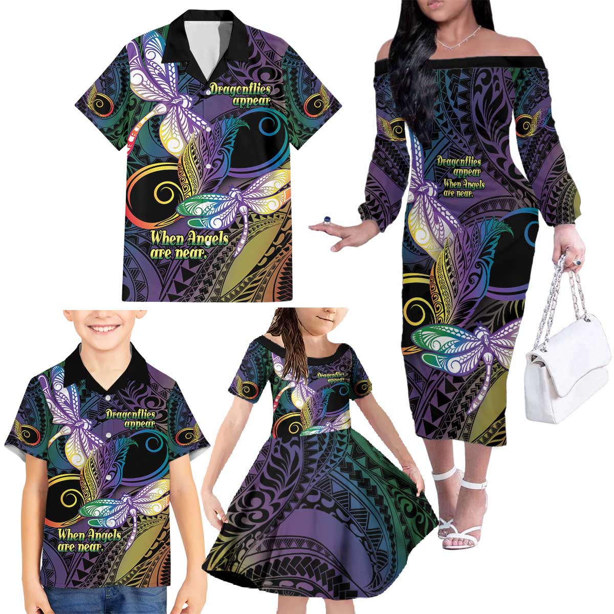 Personalized Polynesian Memorial Family Matching Off The Shoulder Long Sleeve Dress and Hawaiian Shirt Dragonflies Appear When Angels Are Near LT14 - Polynesian Pride