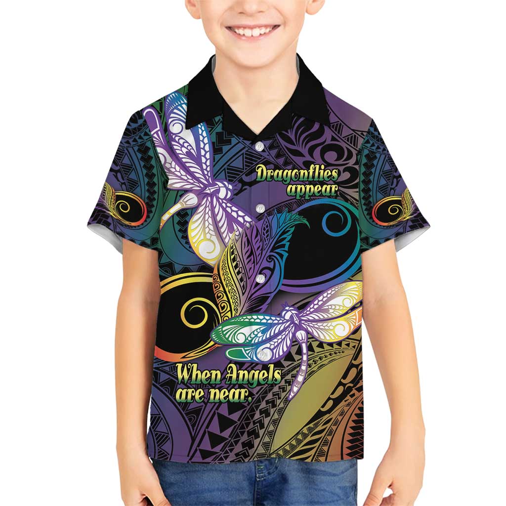 Personalized Polynesian Memorial Family Matching Off Shoulder Maxi Dress and Hawaiian Shirt Dragonflies Appear When Angels Are Near LT14 Son's Shirt Colorful - Polynesian Pride