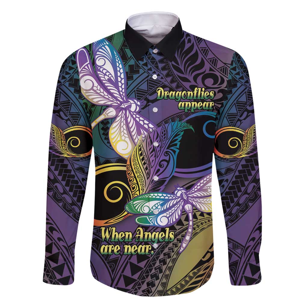 Personalized Polynesian Memorial Family Matching Off Shoulder Short Dress and Hawaiian Shirt Dragonflies Appear When Angels Are Near LT14 Dad's Shirt - Long Sleeve Colorful - Polynesian Pride