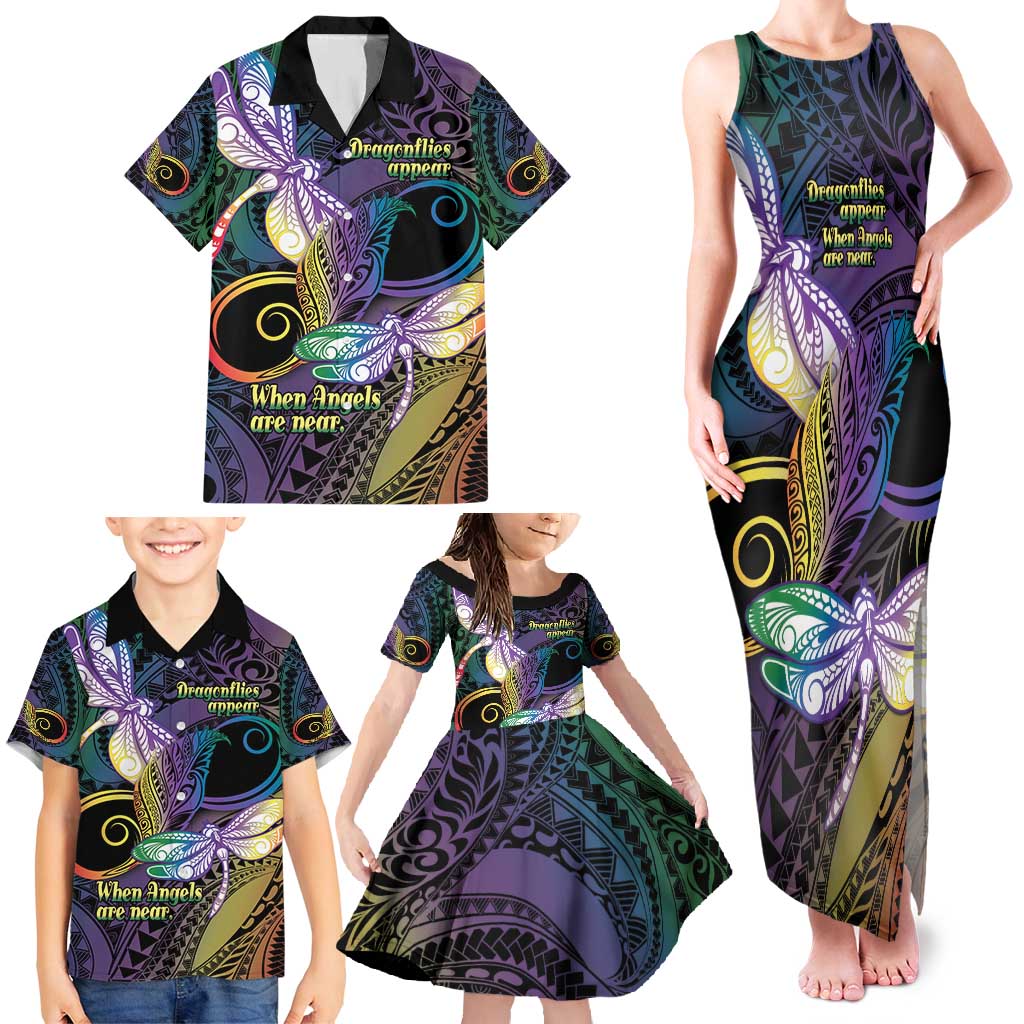 Personalized Polynesian Memorial Family Matching Tank Maxi Dress and Hawaiian Shirt Dragonflies Appear When Angels Are Near LT14 - Polynesian Pride