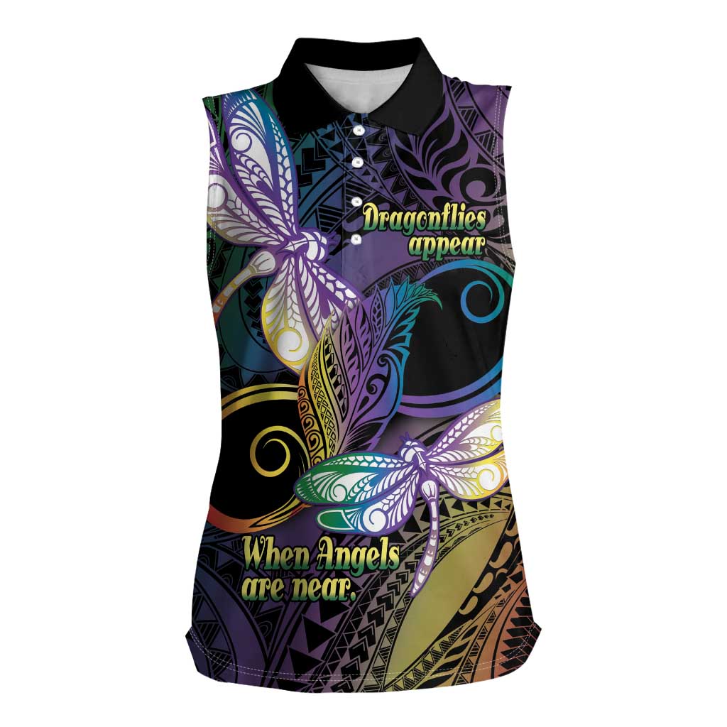 Personalized Polynesian Memorial Women Sleeveless Polo Shirt Dragonflies Appear When Angels Are Near LT14 Female Colorful - Polynesian Pride