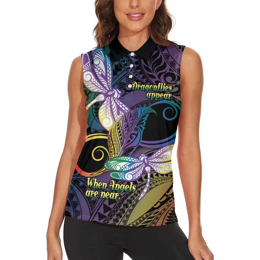 Personalized Polynesian Memorial Women Sleeveless Polo Shirt Dragonflies Appear When Angels Are Near LT14 - Polynesian Pride