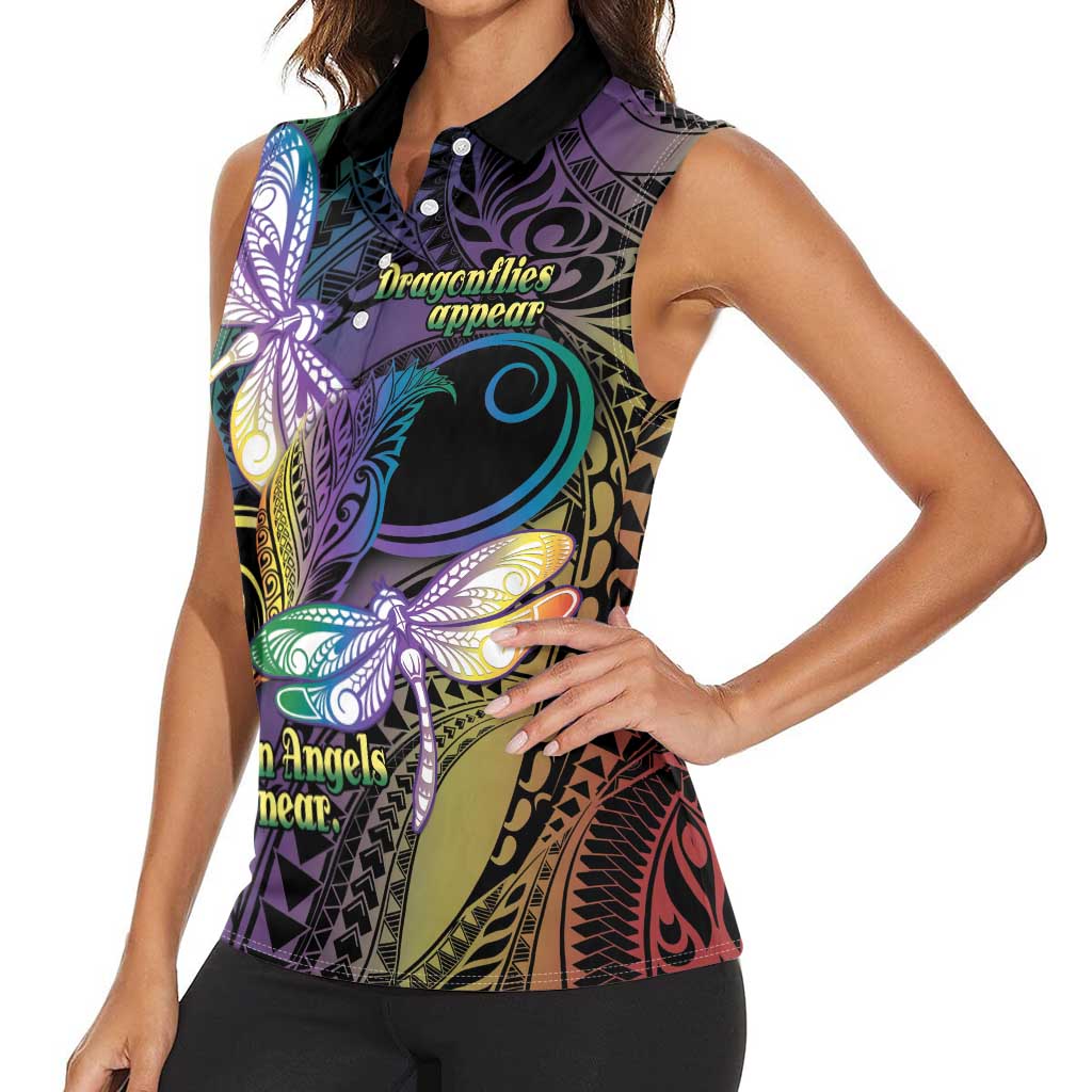 Personalized Polynesian Memorial Women Sleeveless Polo Shirt Dragonflies Appear When Angels Are Near LT14 - Polynesian Pride