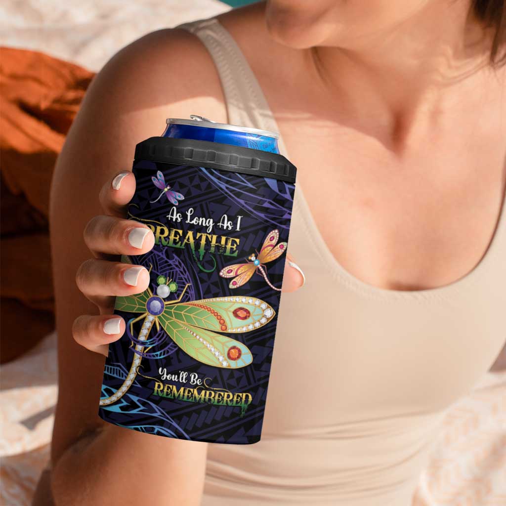 As Long As I Breathe You'll Be Remembered 4 in 1 Can Cooler Tumbler Dragonflies Memorial - Polynesian Pattern