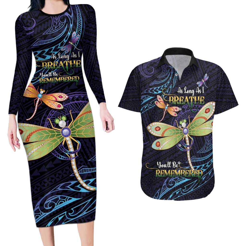 As Long As I Breathe You'll Be Remembered Couples Matching Long Sleeve Bodycon Dress and Hawaiian Shirt Dragonflies Memorial - Polynesian Pattern LT14 Black - Polynesian Pride