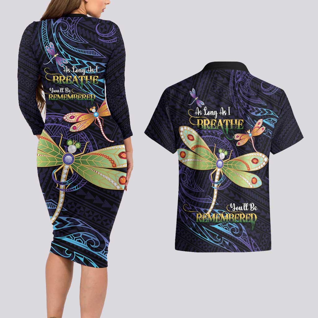 As Long As I Breathe You'll Be Remembered Couples Matching Long Sleeve Bodycon Dress and Hawaiian Shirt Dragonflies Memorial - Polynesian Pattern LT14 - Polynesian Pride