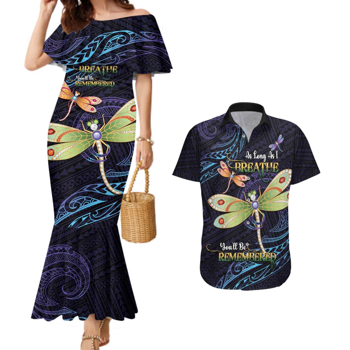 As Long As I Breathe You'll Be Remembered Couples Matching Mermaid Dress and Hawaiian Shirt Dragonflies Memorial - Polynesian Pattern LT14 Black - Polynesian Pride
