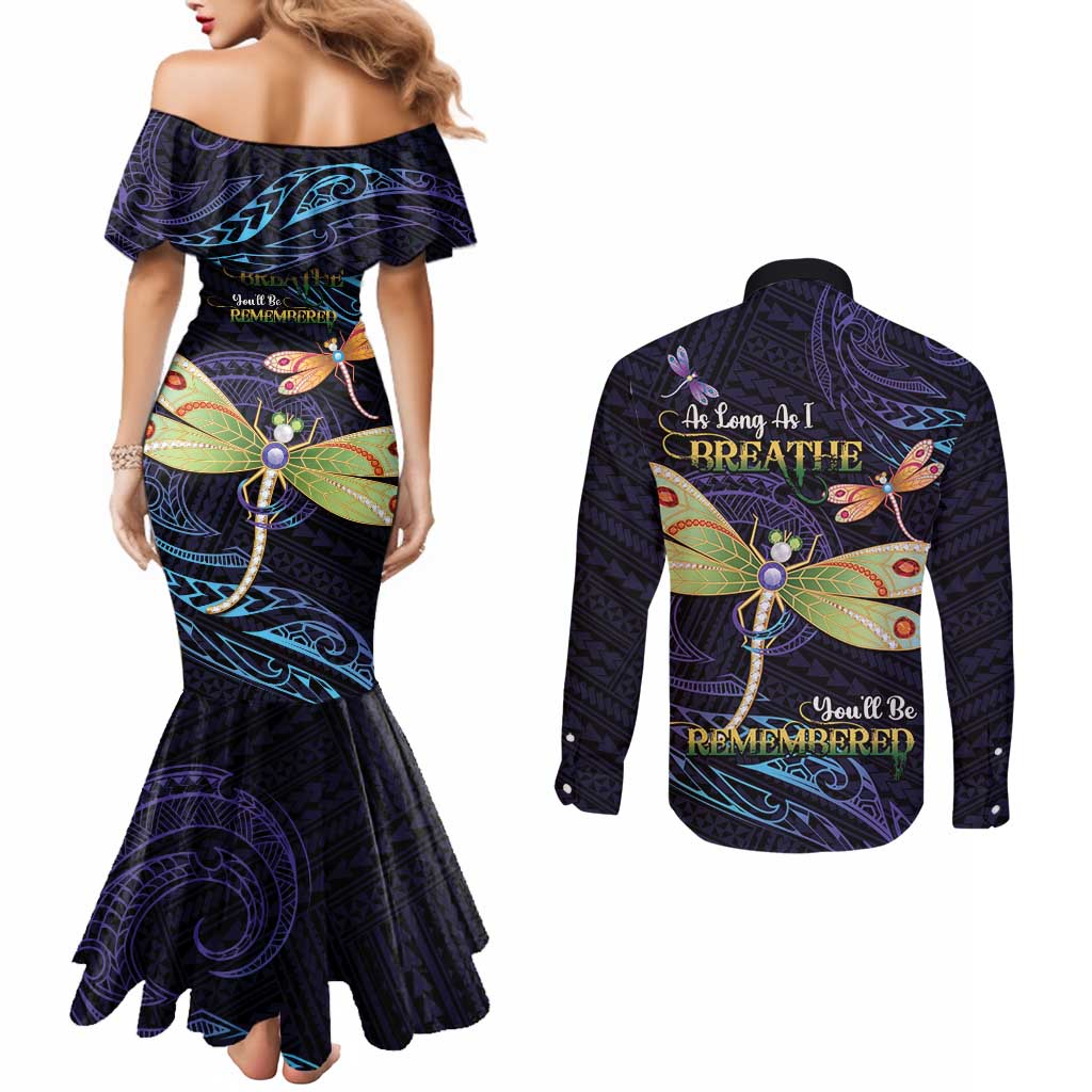 As Long As I Breathe You'll Be Remembered Couples Matching Mermaid Dress and Long Sleeve Button Shirt Dragonflies Memorial - Polynesian Pattern LT14 - Polynesian Pride