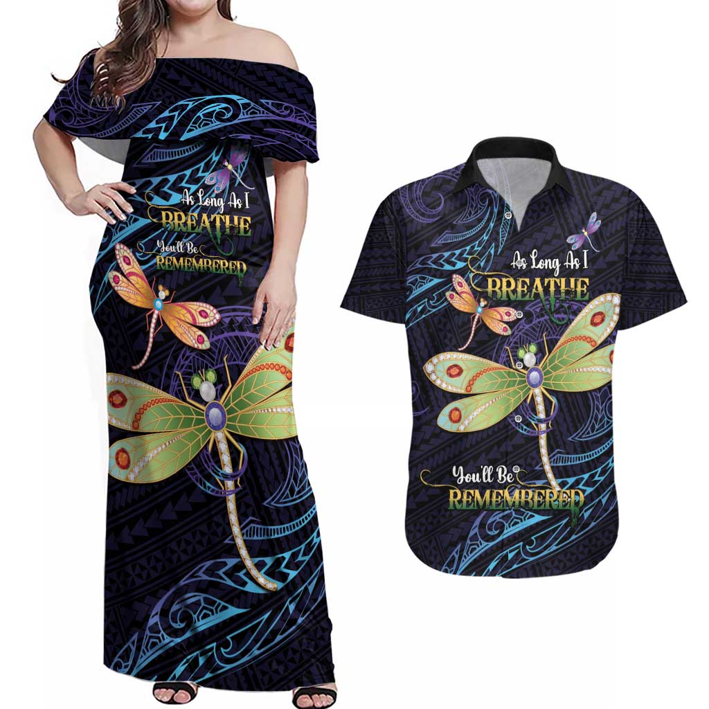 As Long As I Breathe You'll Be Remembered Couples Matching Off Shoulder Maxi Dress and Hawaiian Shirt Dragonflies Memorial - Polynesian Pattern LT14 Black - Polynesian Pride