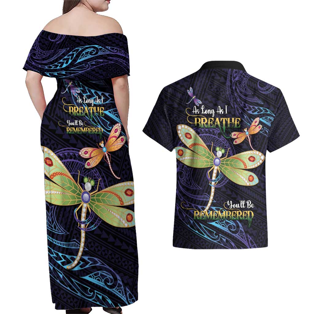 As Long As I Breathe You'll Be Remembered Couples Matching Off Shoulder Maxi Dress and Hawaiian Shirt Dragonflies Memorial - Polynesian Pattern LT14 - Polynesian Pride