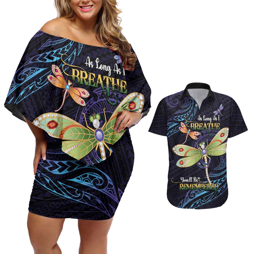 As Long As I Breathe You'll Be Remembered Couples Matching Off Shoulder Short Dress and Hawaiian Shirt Dragonflies Memorial - Polynesian Pattern LT14 Black - Polynesian Pride