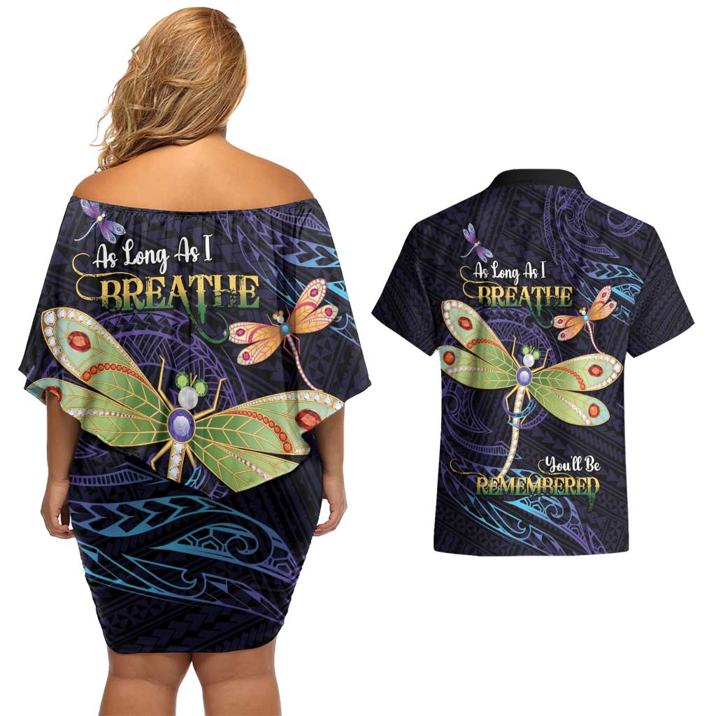 As Long As I Breathe You'll Be Remembered Couples Matching Off Shoulder Short Dress and Hawaiian Shirt Dragonflies Memorial - Polynesian Pattern LT14 - Polynesian Pride