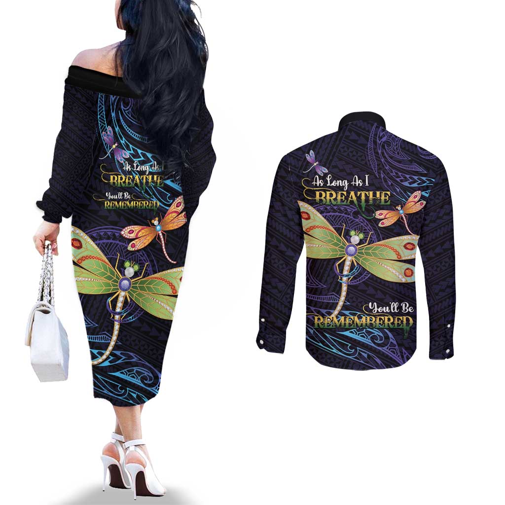 As Long As I Breathe You'll Be Remembered Couples Matching Off The Shoulder Long Sleeve Dress and Long Sleeve Button Shirt Dragonflies Memorial - Polynesian Pattern LT14 - Polynesian Pride