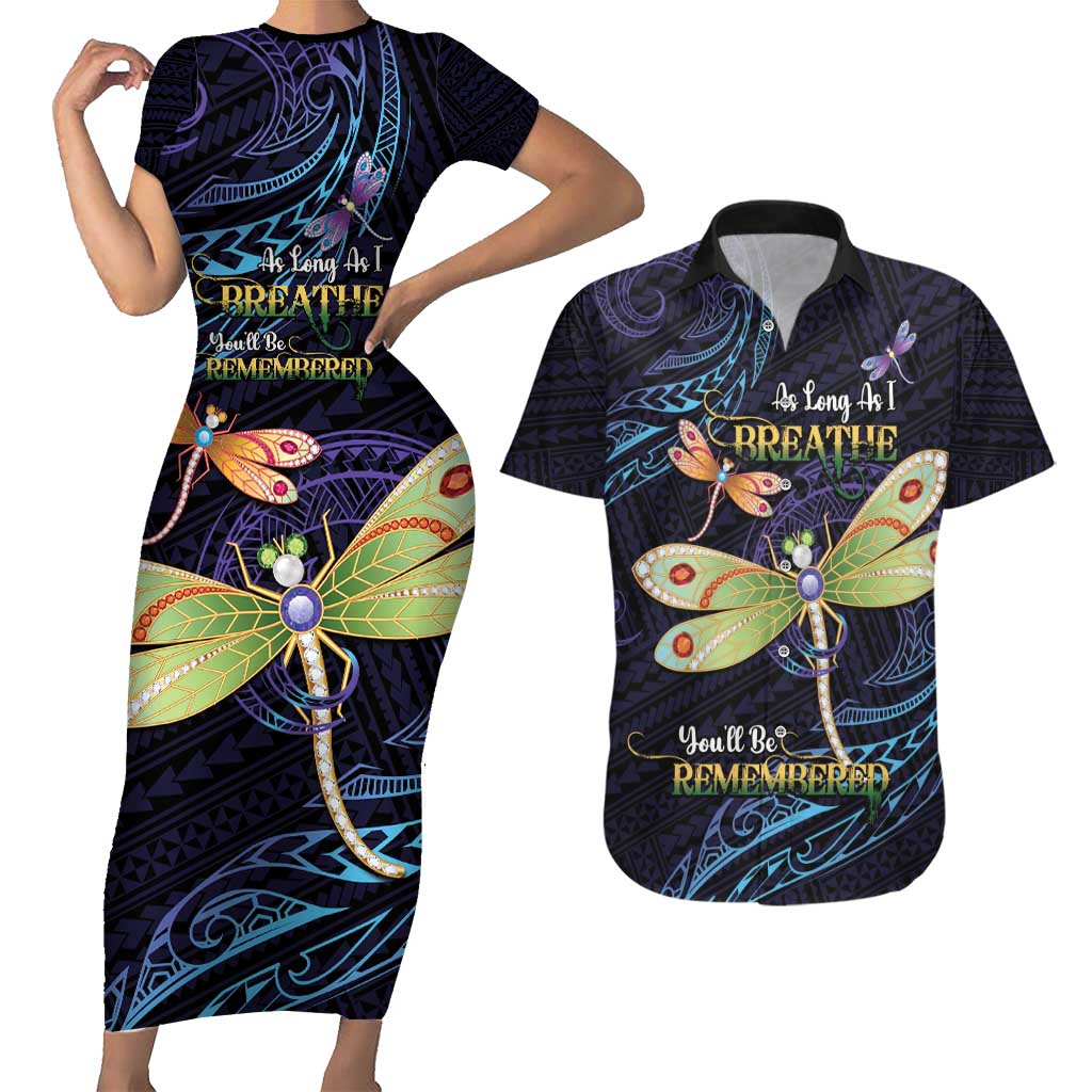 As Long As I Breathe You'll Be Remembered Couples Matching Short Sleeve Bodycon Dress and Hawaiian Shirt Dragonflies Memorial - Polynesian Pattern LT14 Black - Polynesian Pride