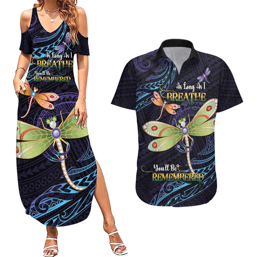 As Long As I Breathe You'll Be Remembered Couples Matching Summer Maxi Dress and Hawaiian Shirt Dragonflies Memorial - Polynesian Pattern LT14 Black - Polynesian Pride