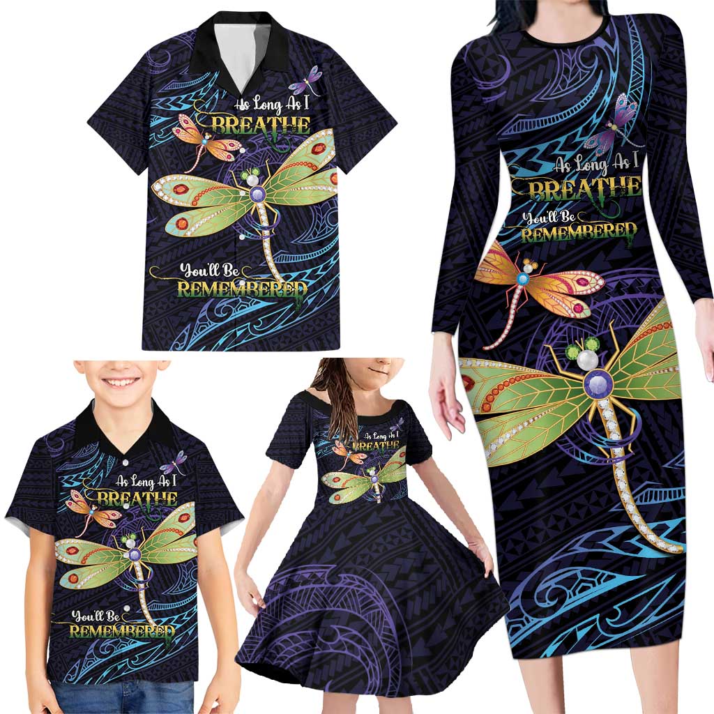 As Long As I Breathe You'll Be Remembered Family Matching Long Sleeve Bodycon Dress and Hawaiian Shirt Dragonflies Memorial - Polynesian Pattern LT14 - Polynesian Pride