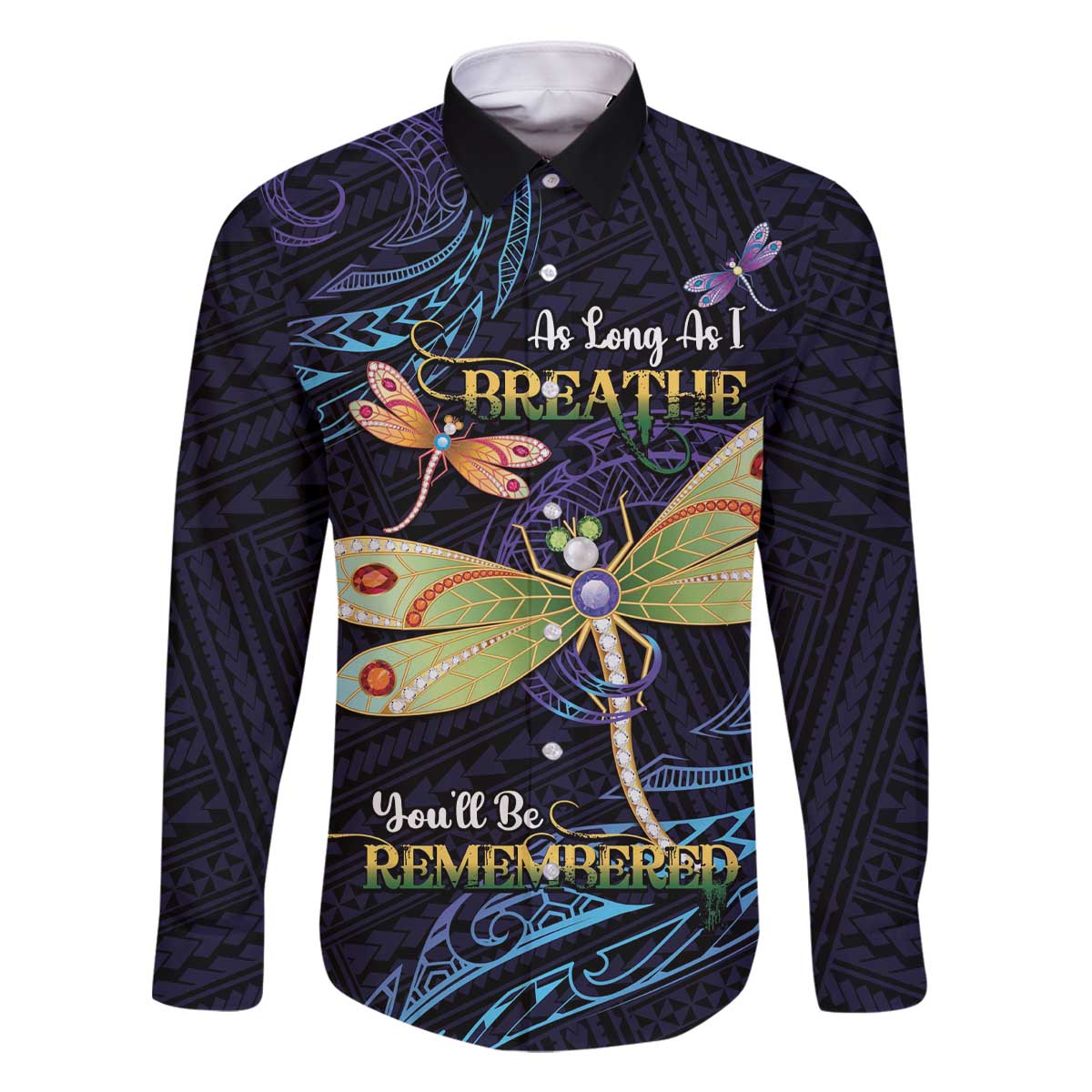 As Long As I Breathe You'll Be Remembered Family Matching Off The Shoulder Long Sleeve Dress and Hawaiian Shirt Dragonflies Memorial - Polynesian Pattern LT14 Dad's Shirt - Long Sleeve Black - Polynesian Pride