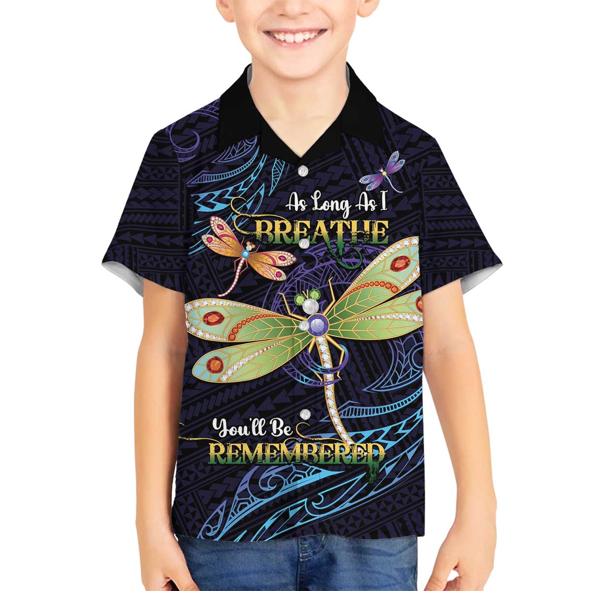 As Long As I Breathe You'll Be Remembered Family Matching Off The Shoulder Long Sleeve Dress and Hawaiian Shirt Dragonflies Memorial - Polynesian Pattern LT14 Son's Shirt Black - Polynesian Pride