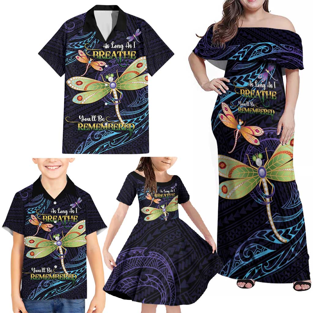 As Long As I Breathe You'll Be Remembered Family Matching Off Shoulder Maxi Dress and Hawaiian Shirt Dragonflies Memorial - Polynesian Pattern LT14 - Polynesian Pride