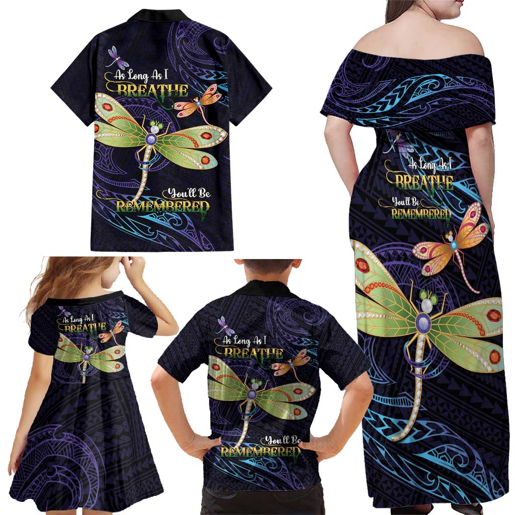 As Long As I Breathe You'll Be Remembered Family Matching Off Shoulder Maxi Dress and Hawaiian Shirt Dragonflies Memorial - Polynesian Pattern LT14 - Polynesian Pride