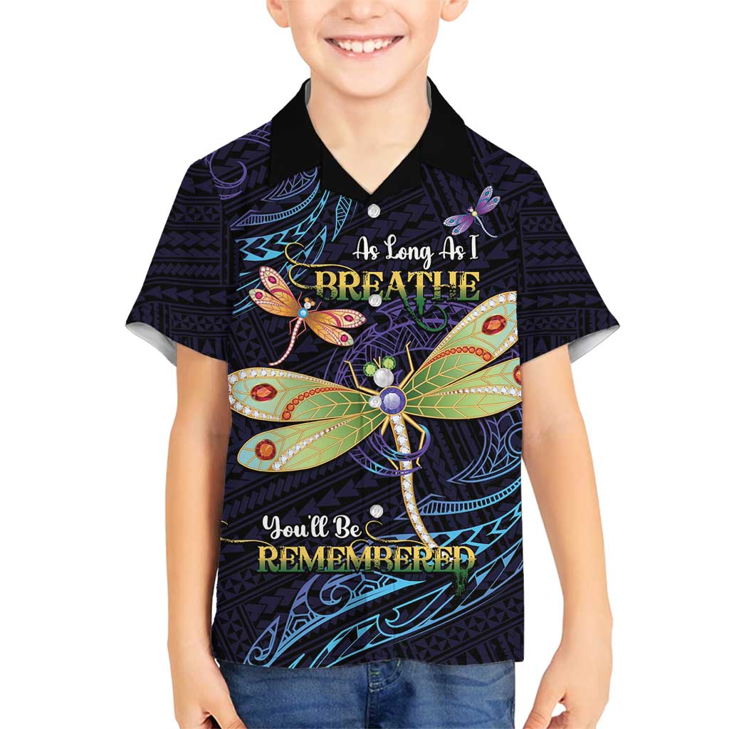 As Long As I Breathe You'll Be Remembered Family Matching Off Shoulder Maxi Dress and Hawaiian Shirt Dragonflies Memorial - Polynesian Pattern LT14 Son's Shirt Black - Polynesian Pride