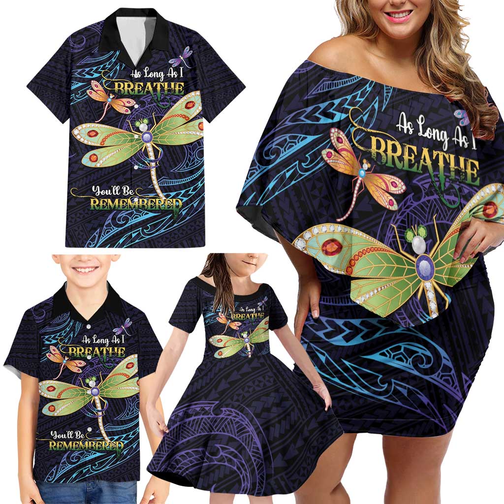 As Long As I Breathe You'll Be Remembered Family Matching Off Shoulder Short Dress and Hawaiian Shirt Dragonflies Memorial - Polynesian Pattern LT14 - Polynesian Pride