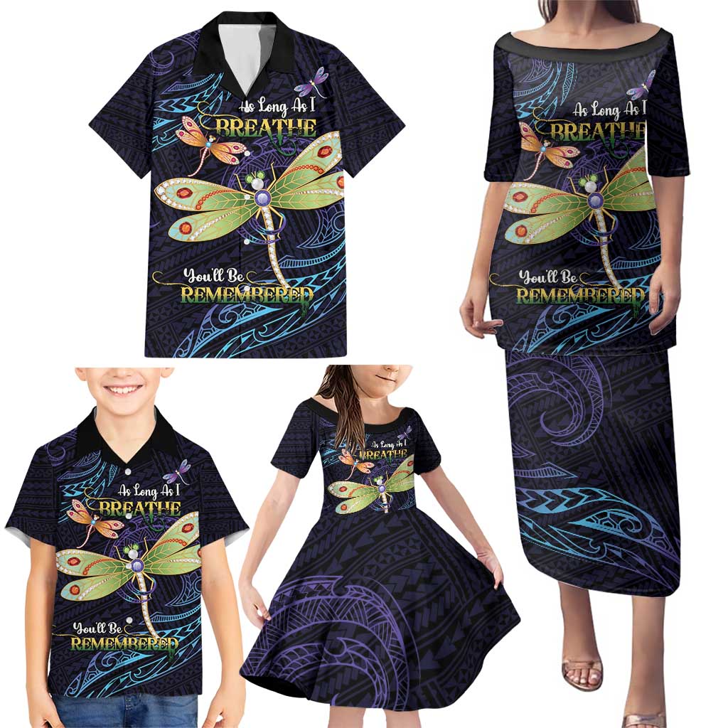 As Long As I Breathe You'll Be Remembered Family Matching Puletasi and Hawaiian Shirt Dragonflies Memorial - Polynesian Pattern LT14 - Polynesian Pride