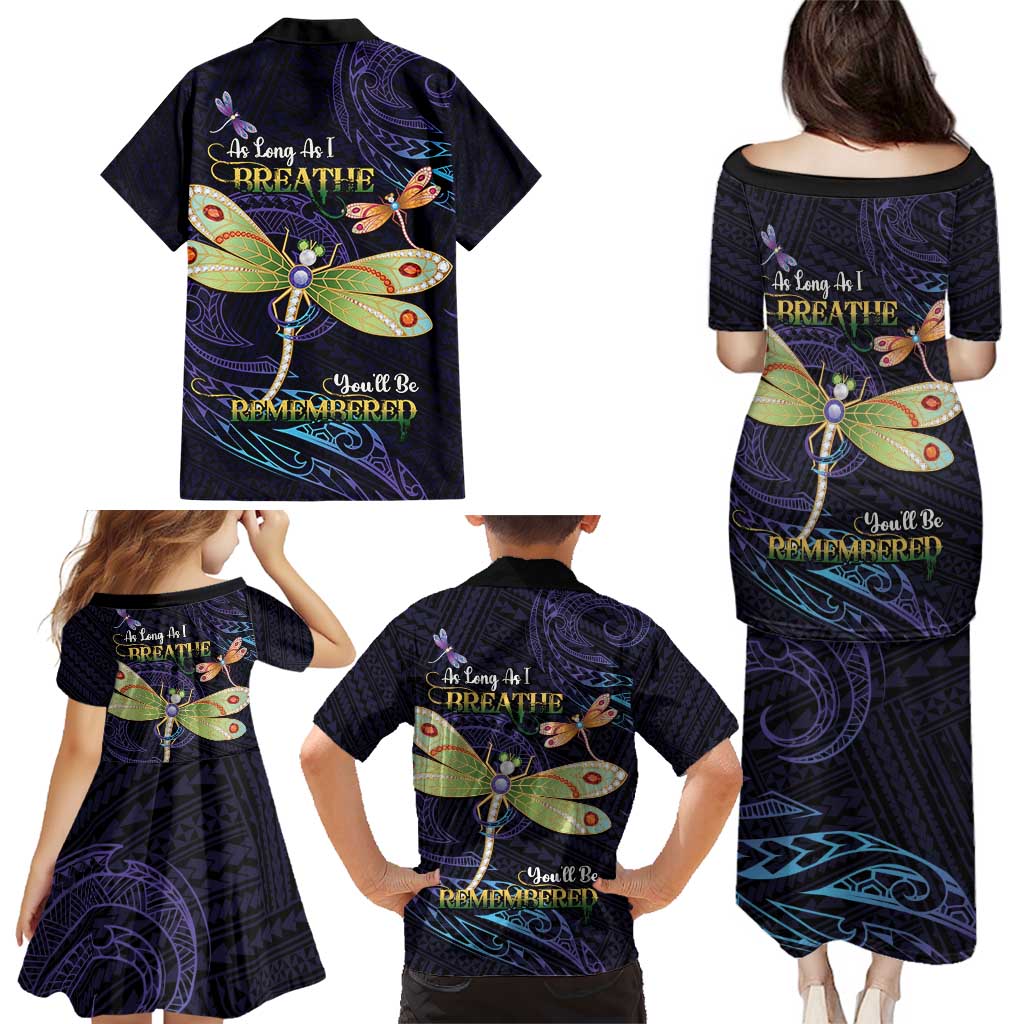 As Long As I Breathe You'll Be Remembered Family Matching Puletasi and Hawaiian Shirt Dragonflies Memorial - Polynesian Pattern LT14 - Polynesian Pride